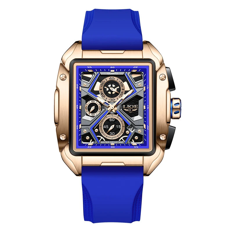 LIGE-Relógio de pulso quadrado de aço inoxidável masculino, cronógrafo, impermeável, relógio luminoso, relógio masculino, caixa incluída, moda