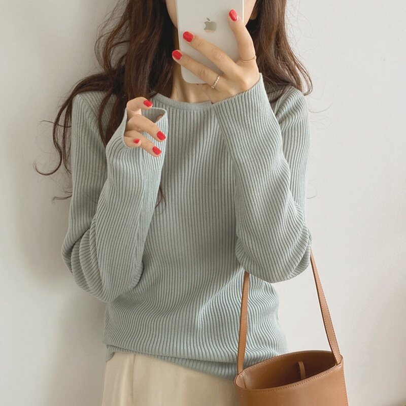 Suéter de manga larga con cuello redondo delgado para mujer, parte superior inferior elástica, versátil