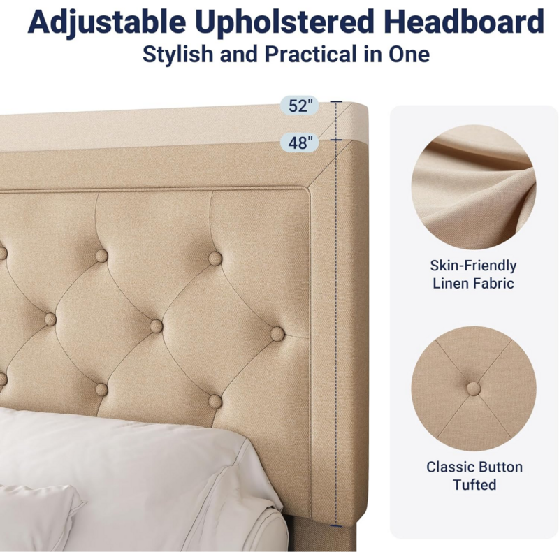 Marco de cama de plataforma acolchada con botón de tamaño completo, tapizado en tela, cabecero ajustable, soporte de listones de madera