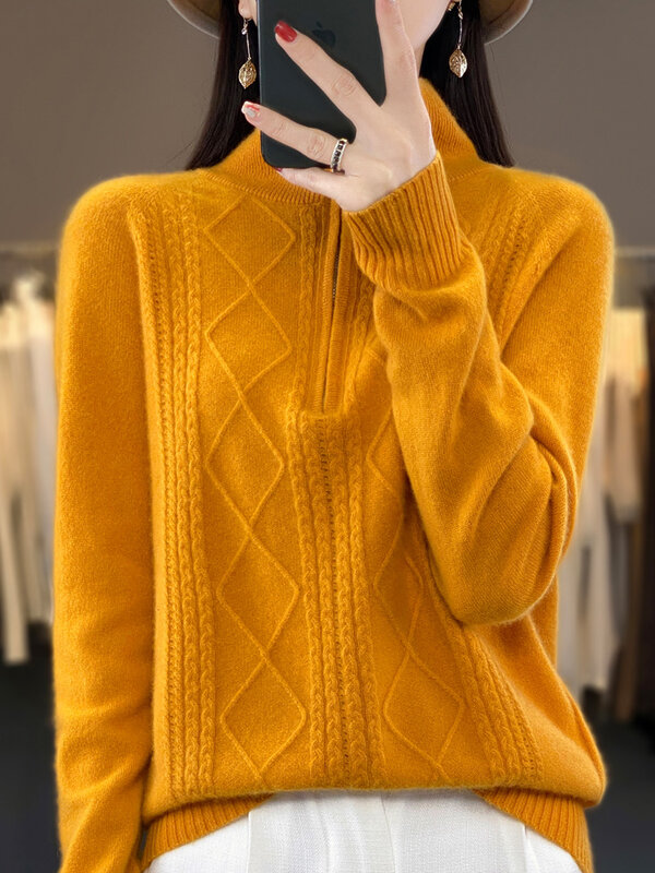 Женский пуловер на молнии, осенне-зимний шерстяной плотный кашемировый свитер с отложным воротником, вязаная одежда из 100% мериносовой шерсти, ромбовидный вязаный Топ