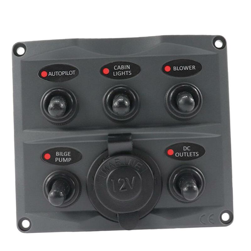 Panel de interruptor de palanca de 5 entradas y 1 toma de corriente, color gris, precableado con fusibles