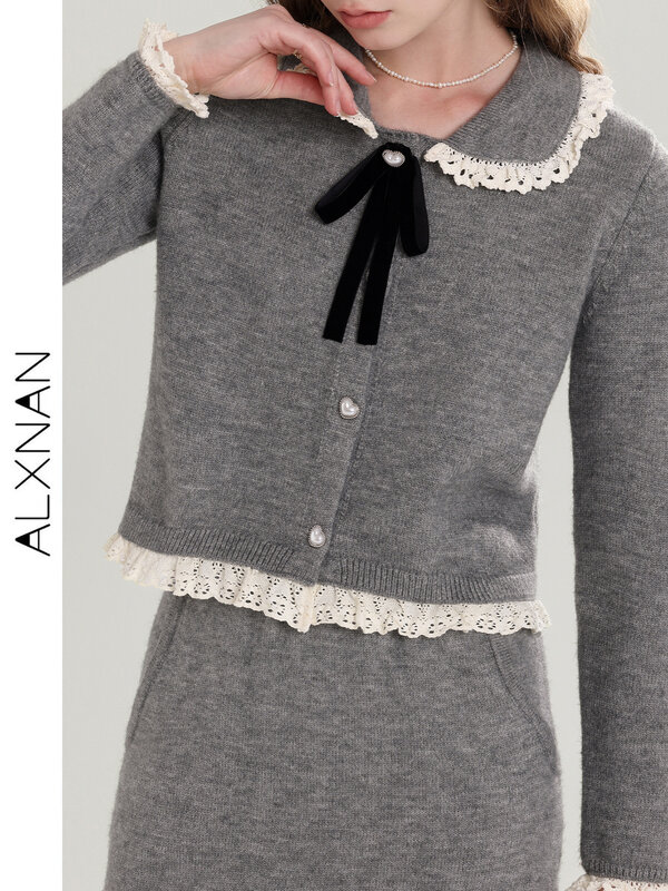 ALXNAN kostum rajut wanita, Sweater berkancing sebaris + rok rajut Set 2 potong dijual terpisah T00921 musim gugur