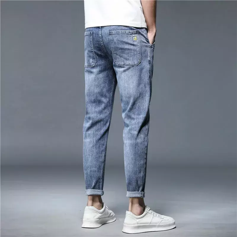Calça jeans de algodão com comprimento do tornozelo masculino, calça jeans stretch, casual algodão stretch buraco, design streetwear fino, marca coreana de alta qualidade, verão