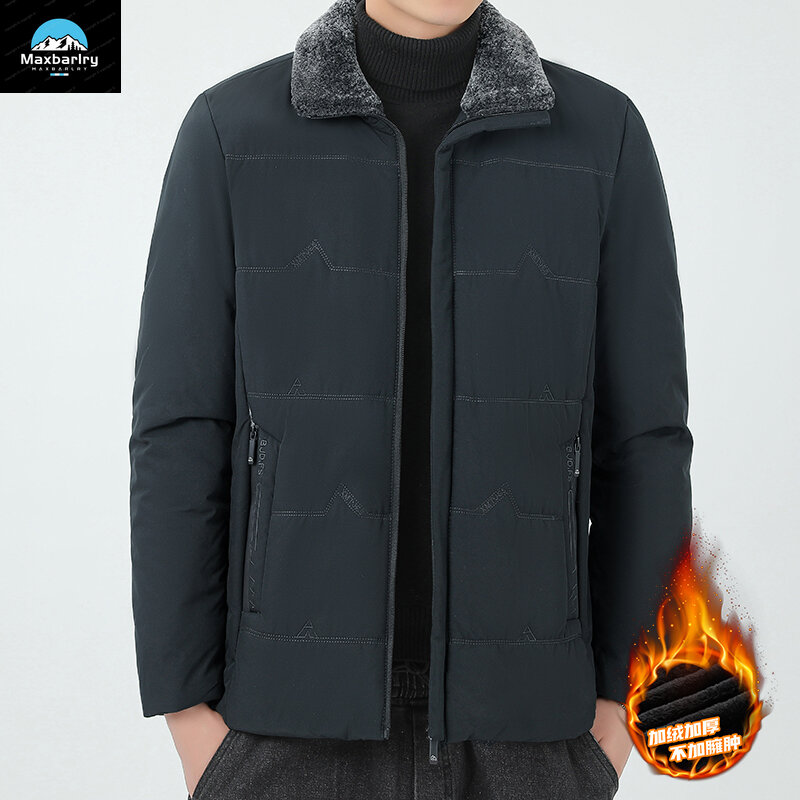 Jaqueta masculina espessa forrado de lã, parka casual quente, gola de pele, casaco à prova de vento com zíper de alta qualidade, moda masculina inverno