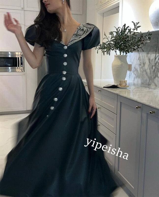 Prom Dress Evening Velour Pattern Button Sash Cocktail Party A-line V-neck Bespoke Occasion Gown Midi Dresses Saudi Arabia
