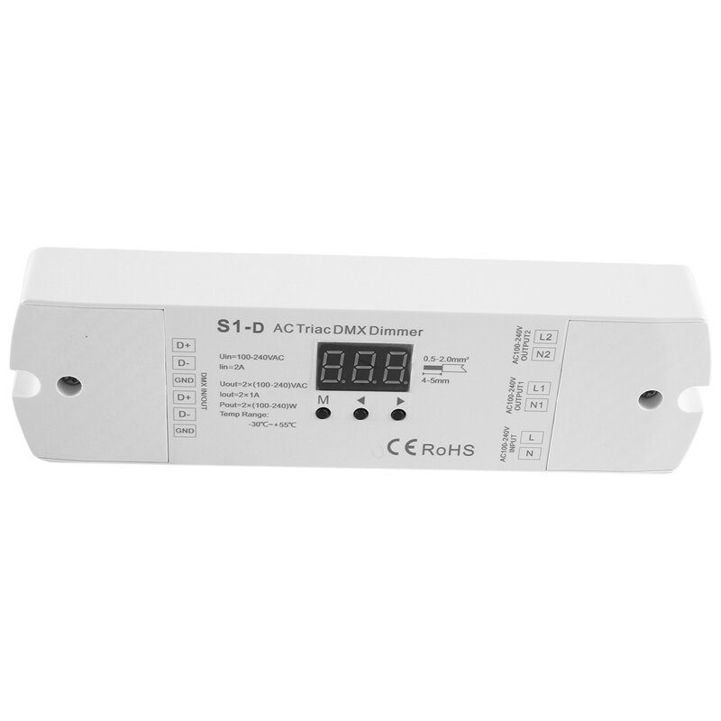 Atenuador LED Triac DMX AC100V-240V, 288W, 2 canales, salida de doble canal, controlador Led DMX512 de silicona, pantalla Digital, S1-D, blanco