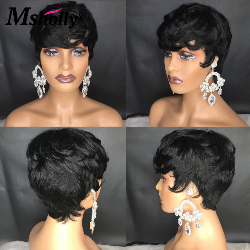Pelucas de cabello humano brasileño Remy para mujeres negras, corte Pixie Bob corto, máquina completa 99J, negro, capas oscuras