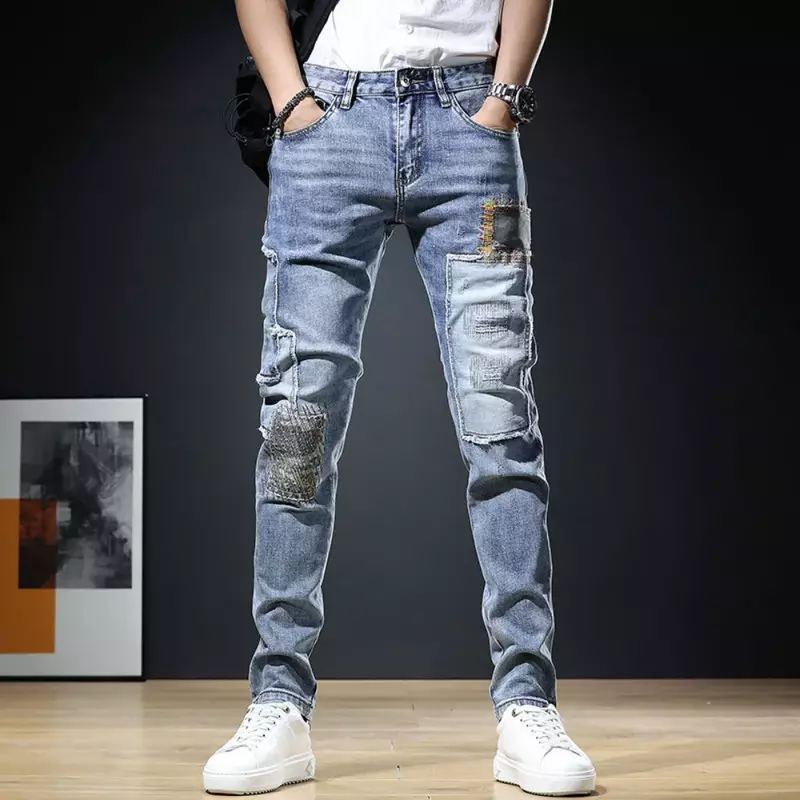 Jeans rasgados elegantes para homens, roupas jeans retas finas, nova moda, calças skinny