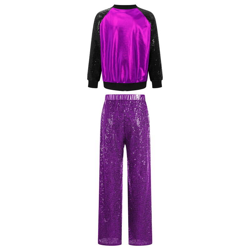 Kids Girls Modern Contemporary Dance Costume Outfits Metallic Shiny Jacket and Sequin Pants Set Street Dance Team Show Clothes