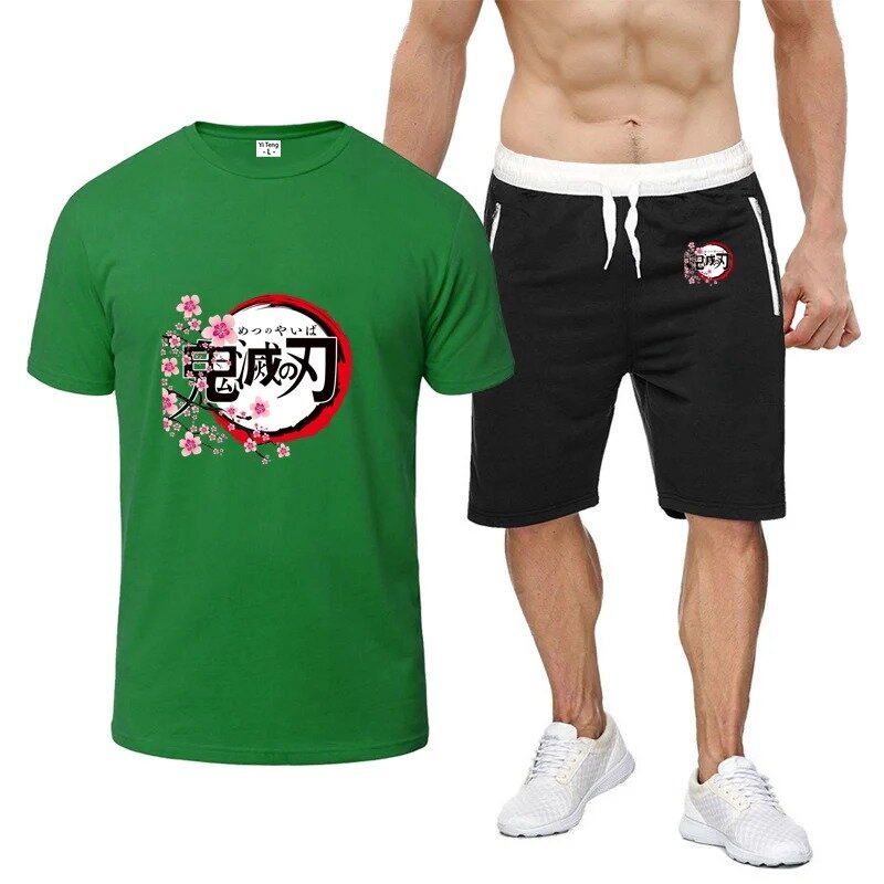 데몬 슬레이어 남성용 카마도 탄지로 그래픽 반팔 티셔츠 반바지 세트, 패셔너블한 캐주얼, 8 색, 여름 인쇄, 신상