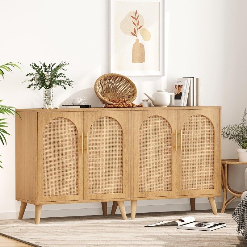 Set of 2 Rattan Storage Cabinet with Doors, Accent Bathroom Floor Cabinet, Modern Sideboard Buffet Cabinet for Living Room