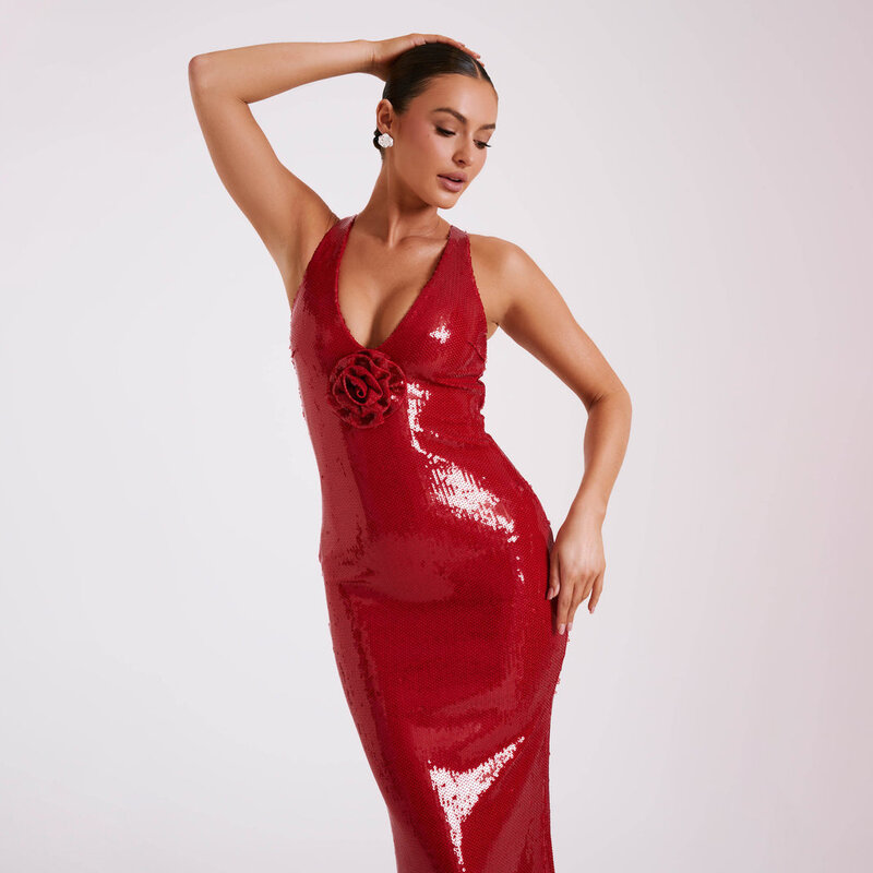 Vestido de festa sem costas oco sexy, vestido vermelho de fenda de lantejoulas, saia longa tridimensional no peito, novo