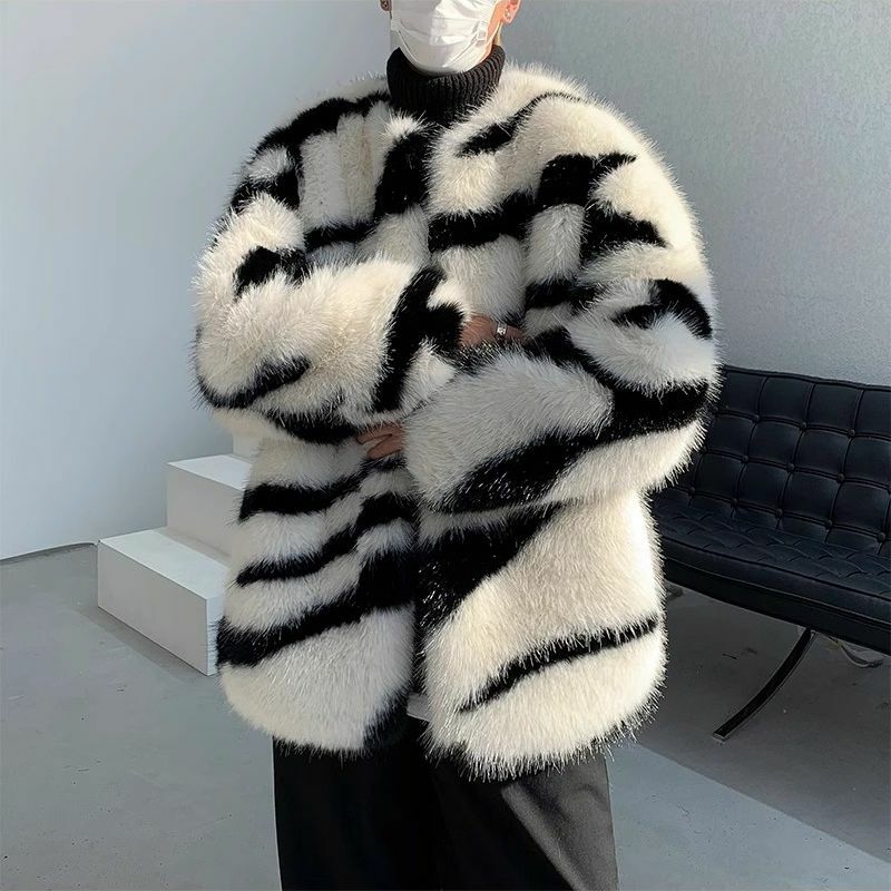 2024 Winter Men's Outerwear with Zebra Patterned Faux Fur Cotton Jacket Premium Feel Thickened Plush Warm   A213