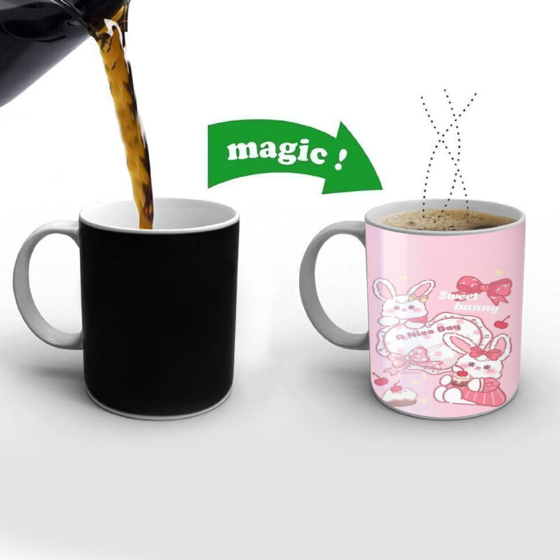 귀여운 토끼 만화 세라믹 커피 머그잔, 색상 변경 차 컵, 우유 컵, 재미있는 선물