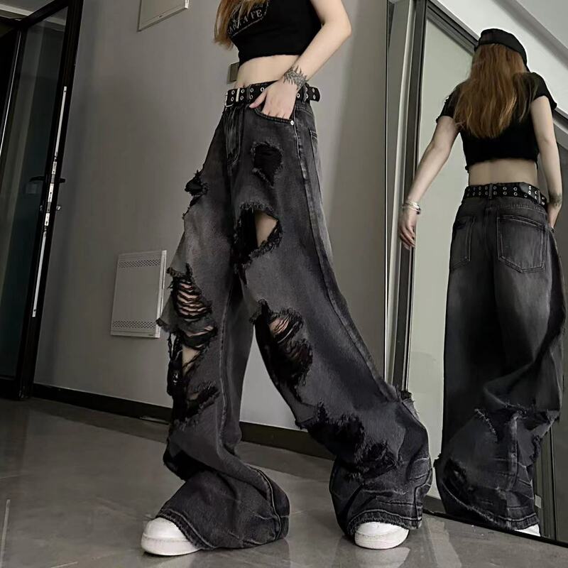Calça jeans vintage de cintura alta feminina, jeans rasgado, solta, perna larga, calça reta, streetwear lavado, moda feminina, Y2K