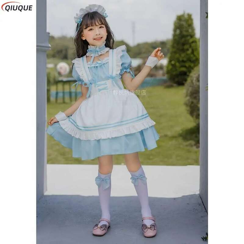 Vestido de sirvienta Lolita azul claro para niñas, traje de sirvienta encantador, disfraces de Cosplay de Anime para niños