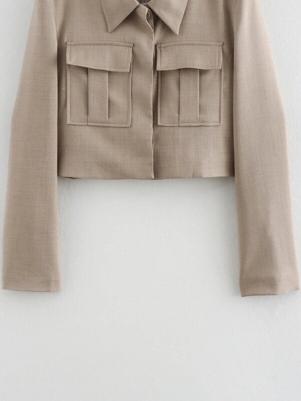 Traje de 2 piezas para mujer, abrigo corto con decoración de bolsillo, blusa Retro de manga larga + pantalón informal de cintura alta, 2024
