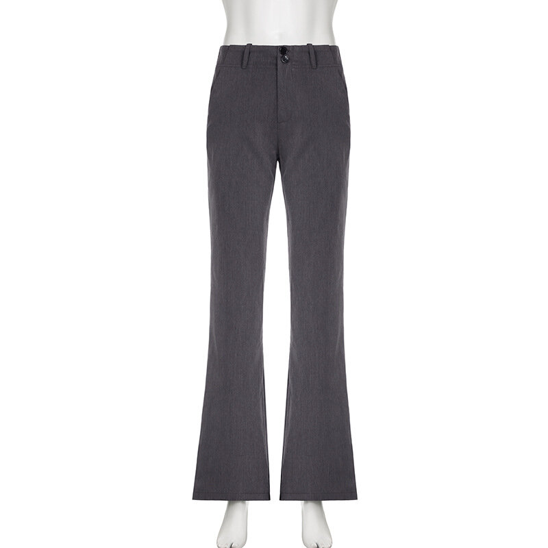 QWEEK Gray Vintage Suit Pants Women Low Waist Streetwear Wide Leg Pants Y2K Office Lady Elegant Slim Casual Flare Trousers