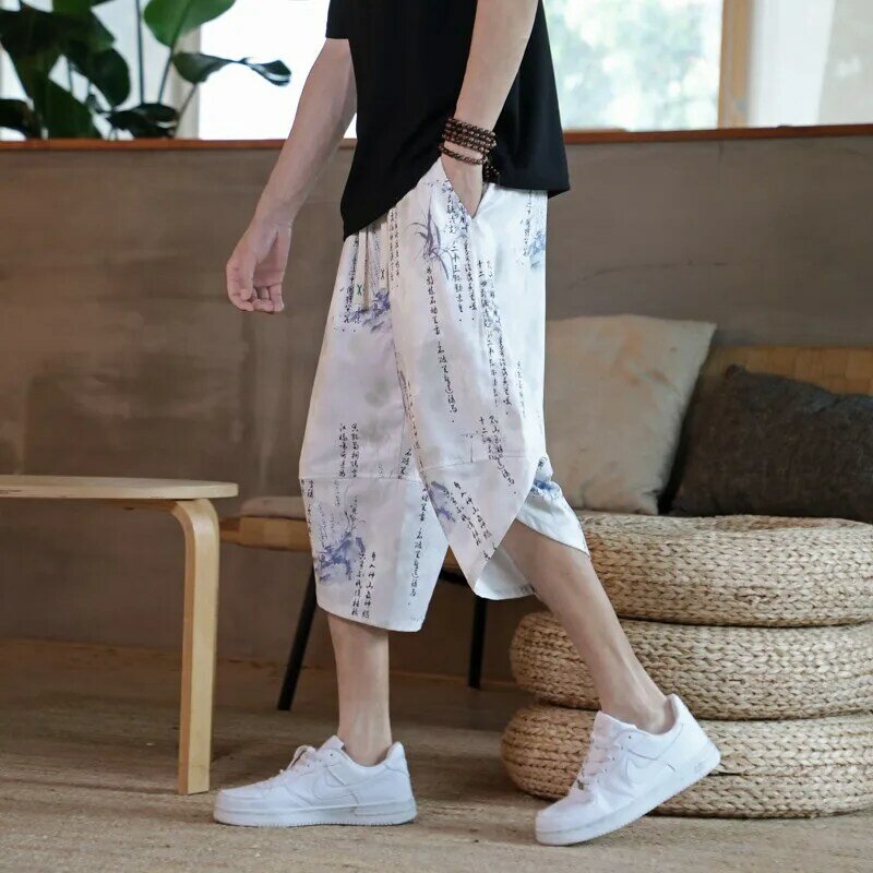 Celana Capri celana pendek gaya tradisional musim panas celana lobak longgar pria celana pantai celana lentera Tiongkok