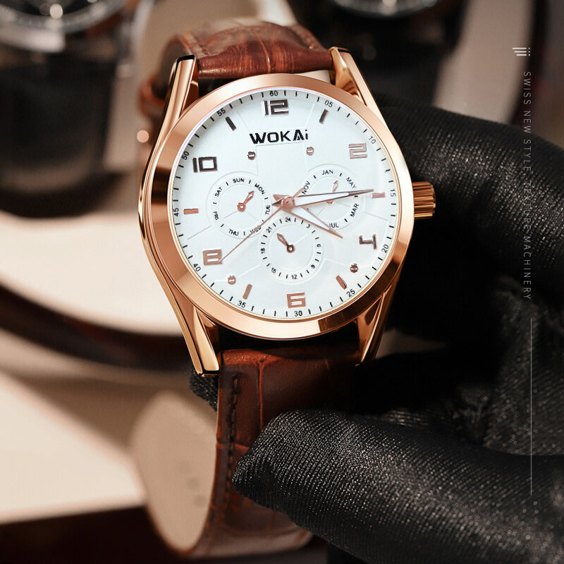 WOKAI wysokiej jakości mody trzy oczy męski skórzany pasek kwarcowy zegarek męski biznes sport wodoodporny zegar prosty retro