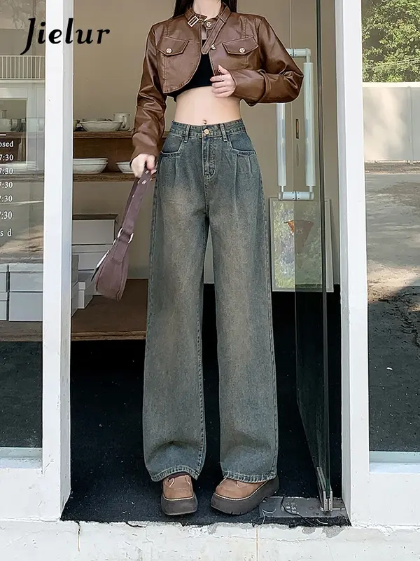 Jielur Retro American Do Old Basic Simple Woman Jeans New Loose Slim Chicly Woman Jeans High Waisted Fashion Street Pants Female