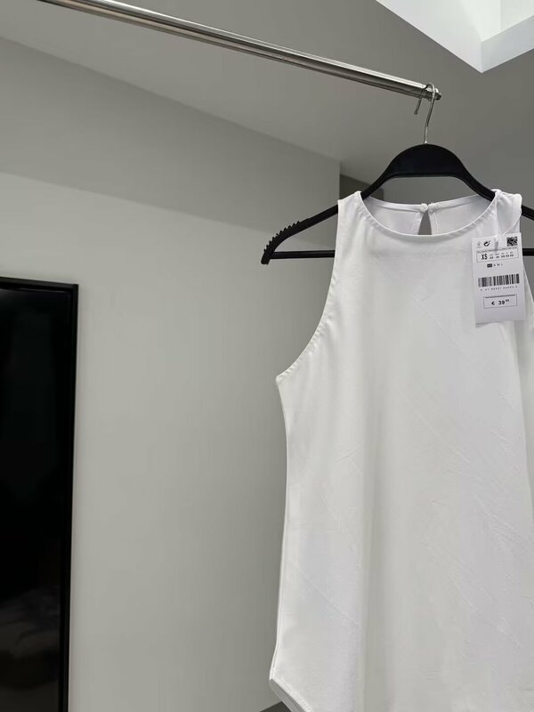 비대칭 밑단 디자인 루즈한 기본 스타일 O넥 여성 셔츠, 레트로 민소매 여성 셔츠, 시크한 상의, 2024 신상 패션