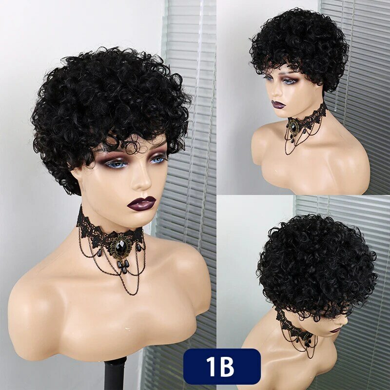 Fryzura Pixie peruka ludzkie włosy krótkie kręcone ludzkie włosy peruki dla czarnych kobiet tanie ludzkie włosy peruka pełna maszyna bezklejowa peruka z lokami włosy
