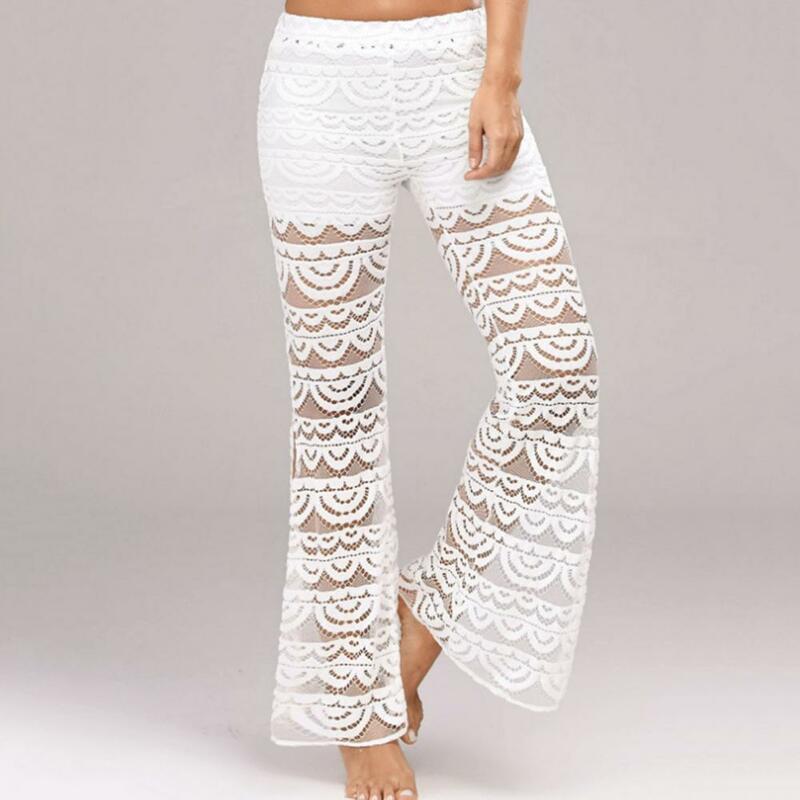 Mesh Pants Elegant Lace Splicing Wide Leg Pants for Women Stylish Mid-rise Trousers with Slit Cuffs Solid Color Mesh for Summer