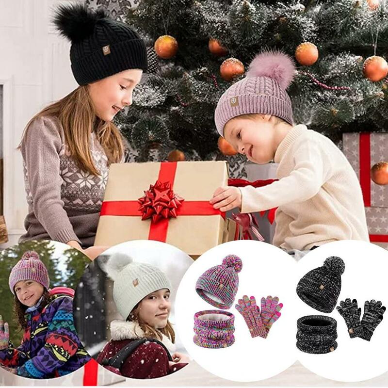 어린이 겨울 야외 방풍 니트 모자, 두꺼운 폼폼 비니 스카프, 풀 핑거 장갑 키트, 5-12 세, 3 개 세트