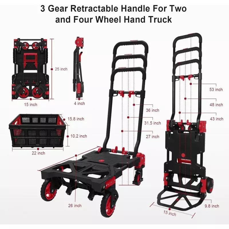 2 in 1 Hand Truck Dolly with Folding Basket,Folding Hand Truck Heavy Duty 330lbs Capacity,Foldable Hand Trcuk with Retractable H