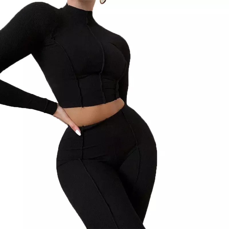 블랙 2024 용수철 여성용 새로운 패션 세트, 리버스 웨어 디자인, 하이웨이스트 슬림핏, 단색 투피스 세트 YBF28-3