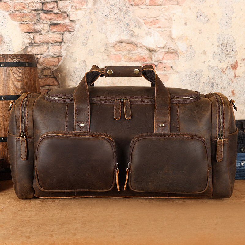 Tas Duffle pria Super besar 62cm tas Travel kulit asli untuk pria tas tangan pria tas Weekender untuk bagasi antik mewah