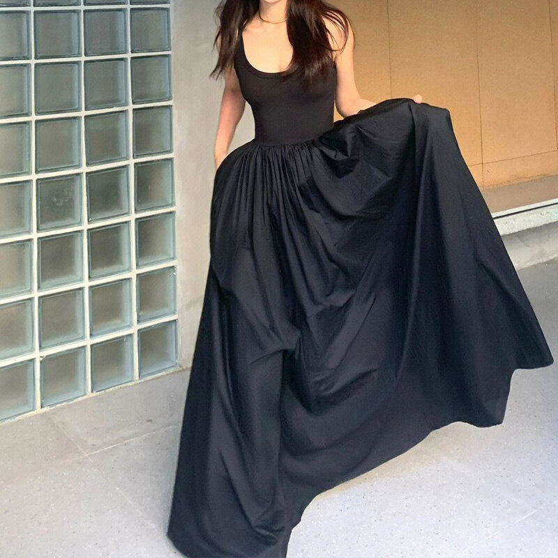 HOUZHOU gaun Maxi hitam elegan Chic Vintage tanpa lengan longgar ruffle wanita pesta klub malam jubah gaya Korea sundress