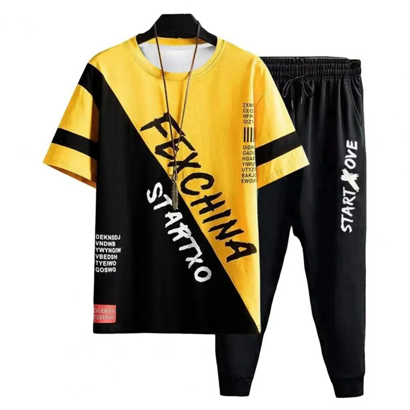 メンズサマースポーツウェアセット,ポケット付きジョギングスーツ,ラウンドネック,半袖,伸縮性のあるTシャツ