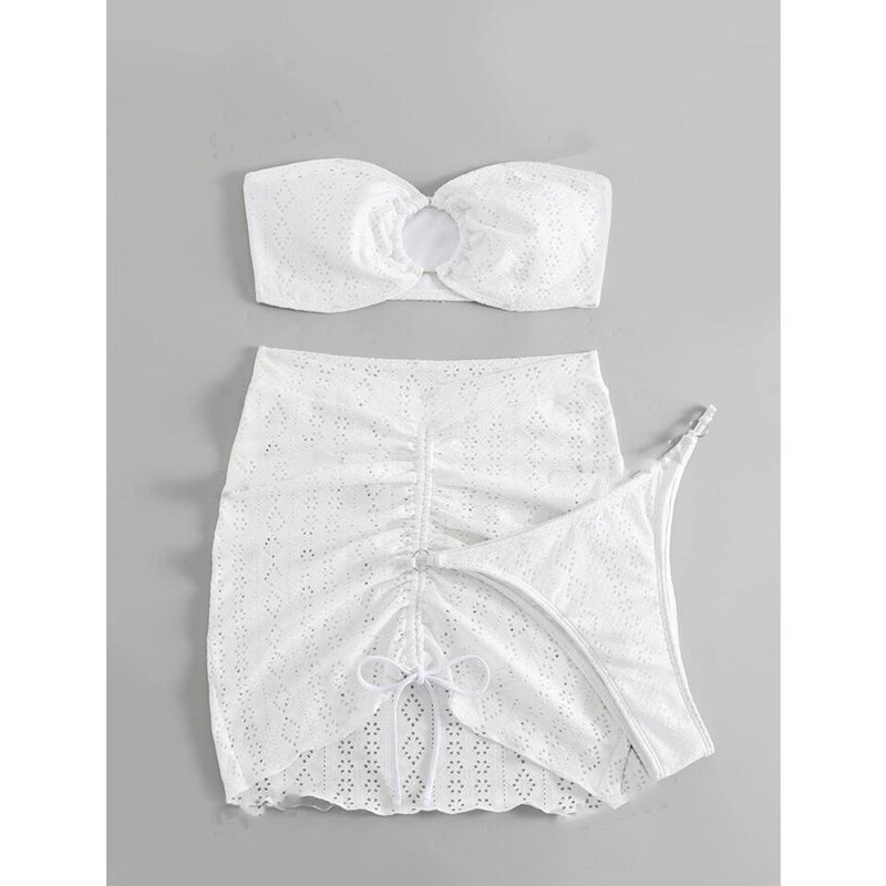 Nowy zestaw 3 sztuk strój kąpielowy kobiety stringi stroje kąpielowe seksowne Bikini mikro z Sarong spódnice biały strój kąpielowy basen