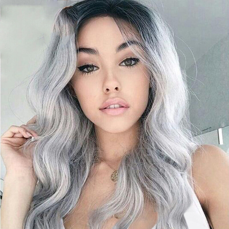 Wig gelombang besar wanita, rambut palsu panjang keriting hitam dan abu-abu secara bertahap berubah warna serat sintetik untuk perempuan