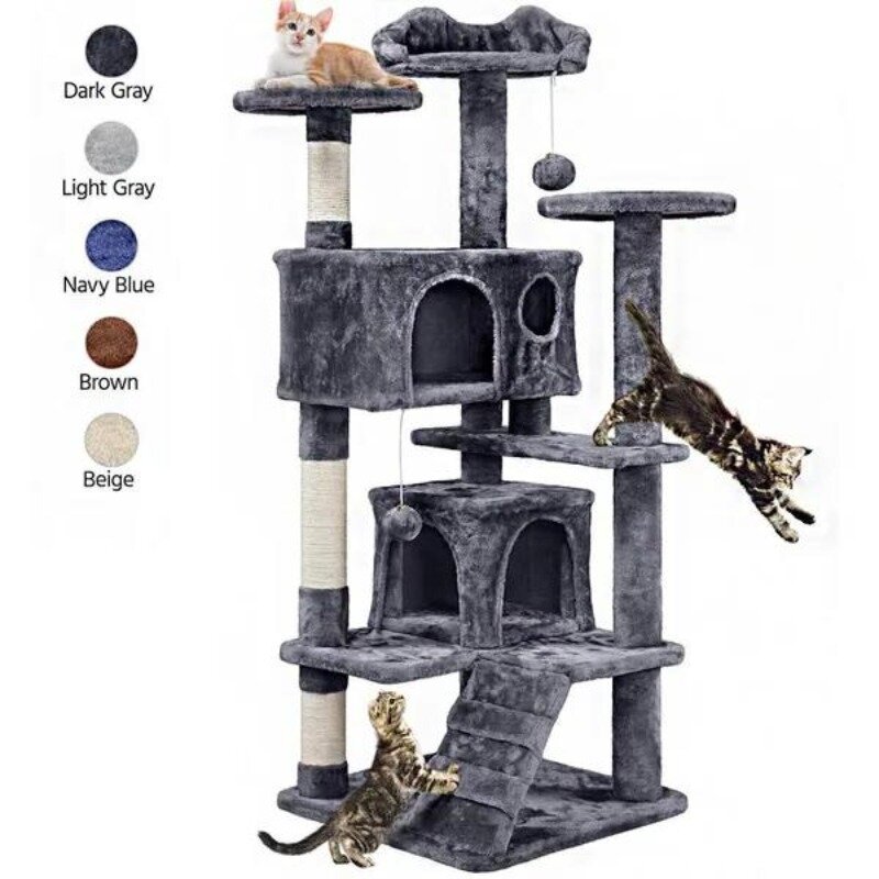 猫の木の塔の家具、子猫用のスクラッチポスト、ベージュ、大きなぬいぐるみ、プレイハウス、ペット、新しい、2022、54.5 "h