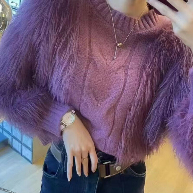 Thickened Knitted Tops Short Section Sweater Female Autumn and Winter Imitation Fur Long-sleeved Ladies Party Pullover Sweater