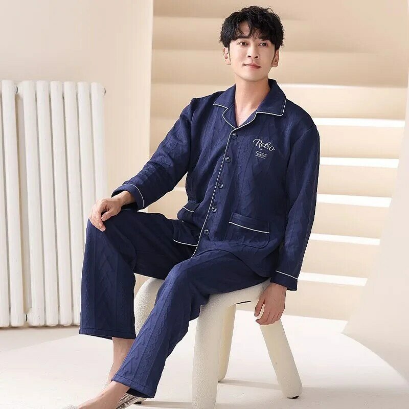 2024 New Men Thickened Pajamas Spring Autumn Male Casual Large Size Solid Color Homewear Suit Warm Comfortable Lapel Sleepwear