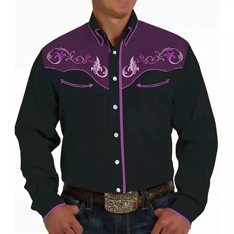 Chemise en denim à manches longues pour hommes, design de boutons, haut décontracté, motif de feuilles, extérieur, rue, mode, western