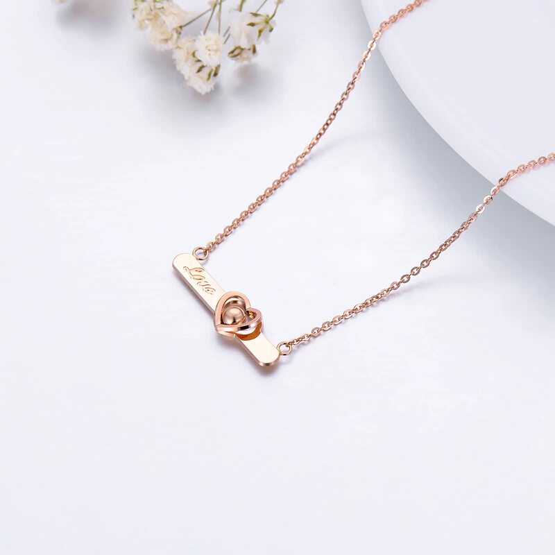 YFN 18k Rose Gold Heart Bar Necklace for Women Engraved "Love" Jewelry Gifts for Wife Mother Girlfriend 16-17 Inch Personalized
