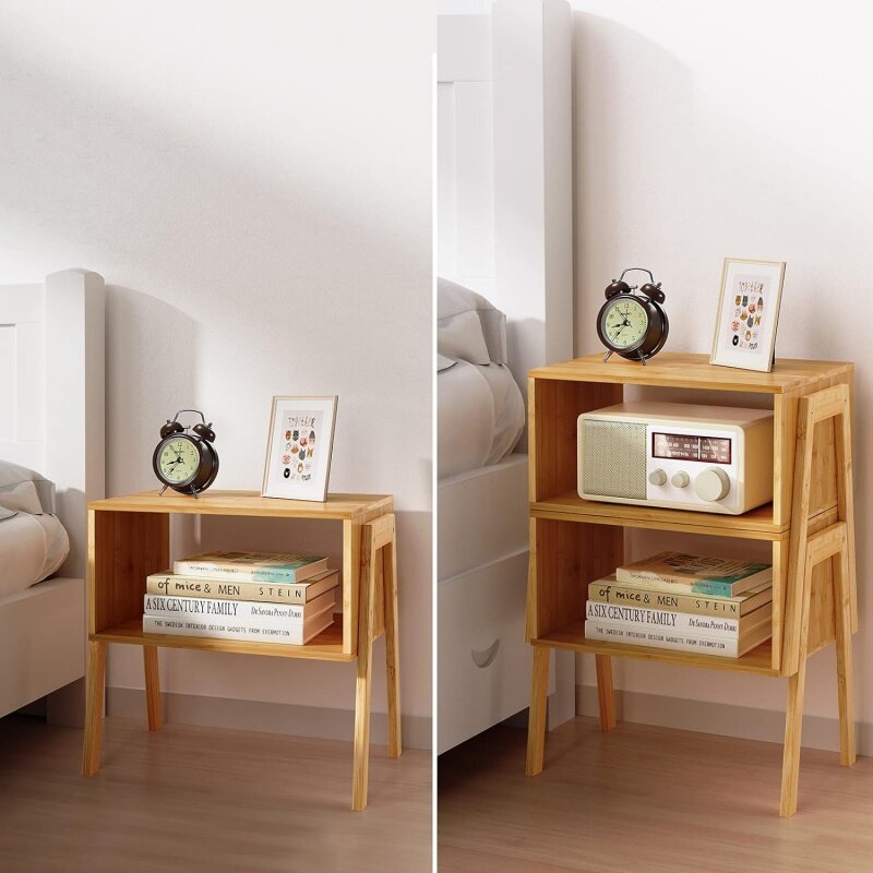 Tavolini impilabili in bambù Pipishell, comodino in legno per soggiorno, comodini per riporre la camera da letto, 2 pezzi