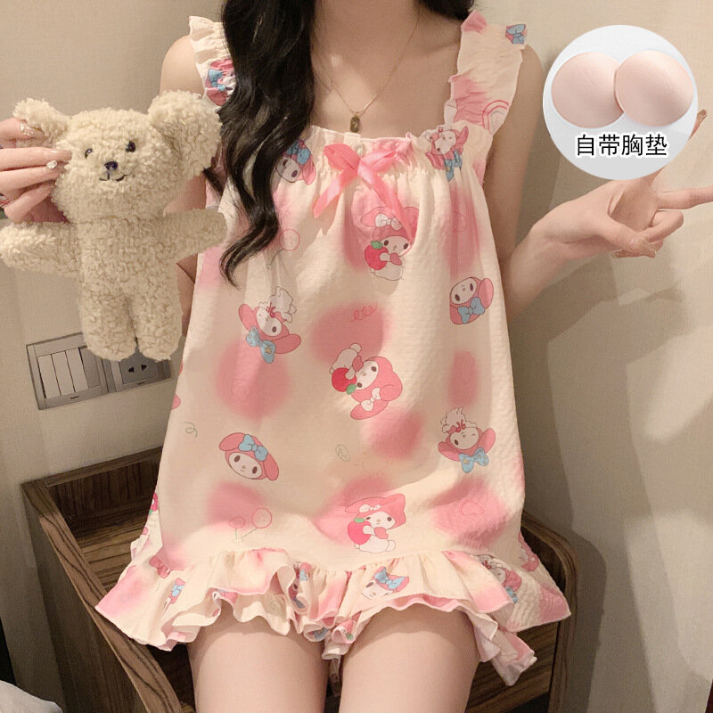 Sanrio Hello Kitty Pajamas Women Summer New Camisole Bubble Wrinkled Princess Style 2 Piece Set Y2k Cute Vest Shorts Sleepwear