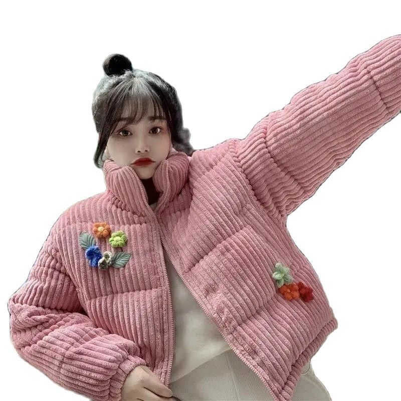 Wersja koreańska akapit trójwymiarowy kwiat ubrania wyściełane bawełną zimą w nowym stylu kobiet luźny strach usługi płaszcz