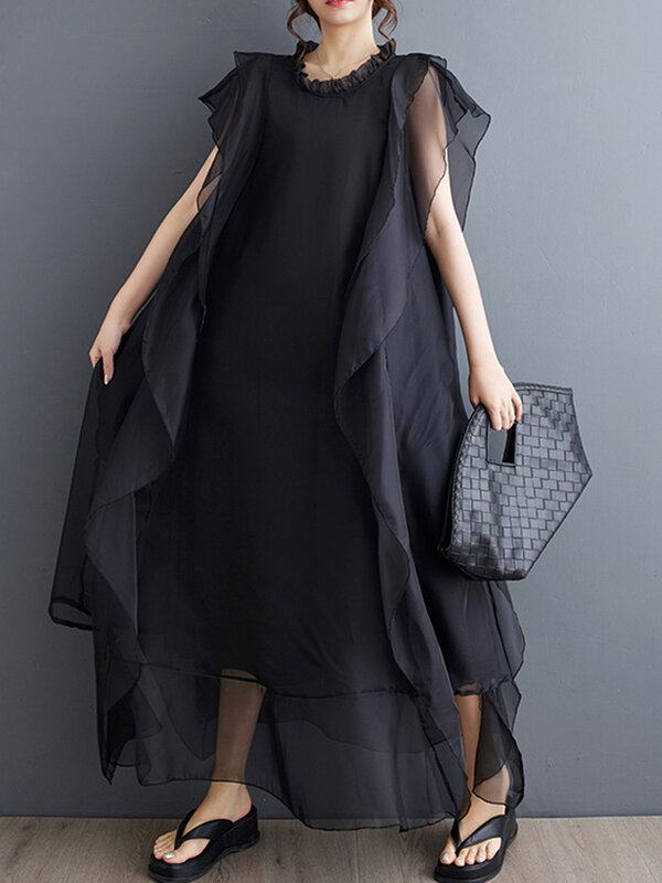 XITAO-vestido de gasa con volantes para mujer, Jersey Irregular sin mangas, cuello redondo, Color sólido, WLD20132
