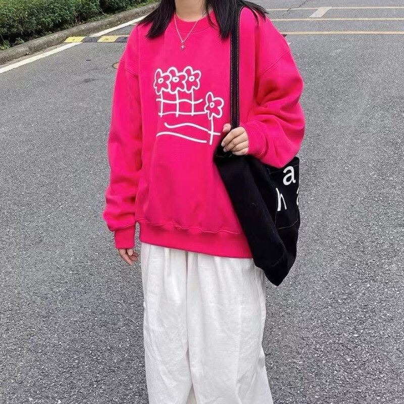 Floral Print O-Neck Sweatshirts Women Long Sleeve Loose Pullovers Korean Style Fashion High Street Casual Versatile Tops Female
