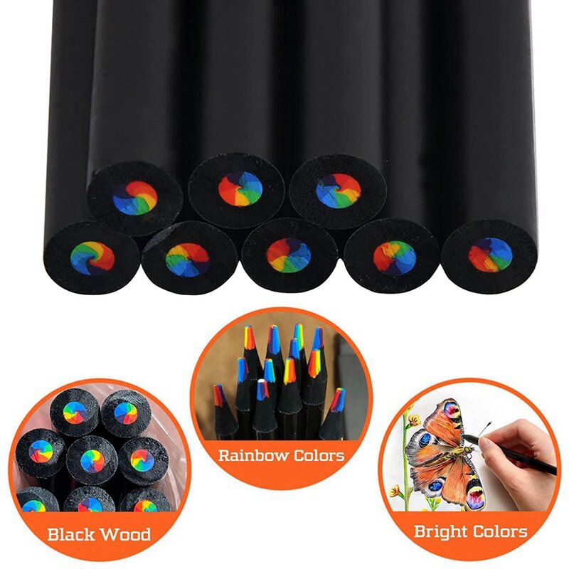 Wooden Rainbow Colored Pencils, 7 Color In 1 Rainbow Pencils, For Drawing Coloring Sketching, Multicolored Core, (12)