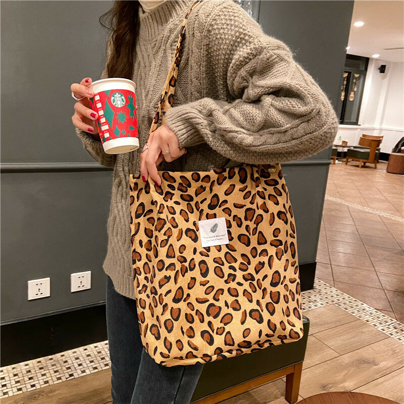 Grande Capacidade Corduroy Shoulder Bag para senhoras, listras leopardo, lona bolsa, saco de compras reutilizável, viagens Totes