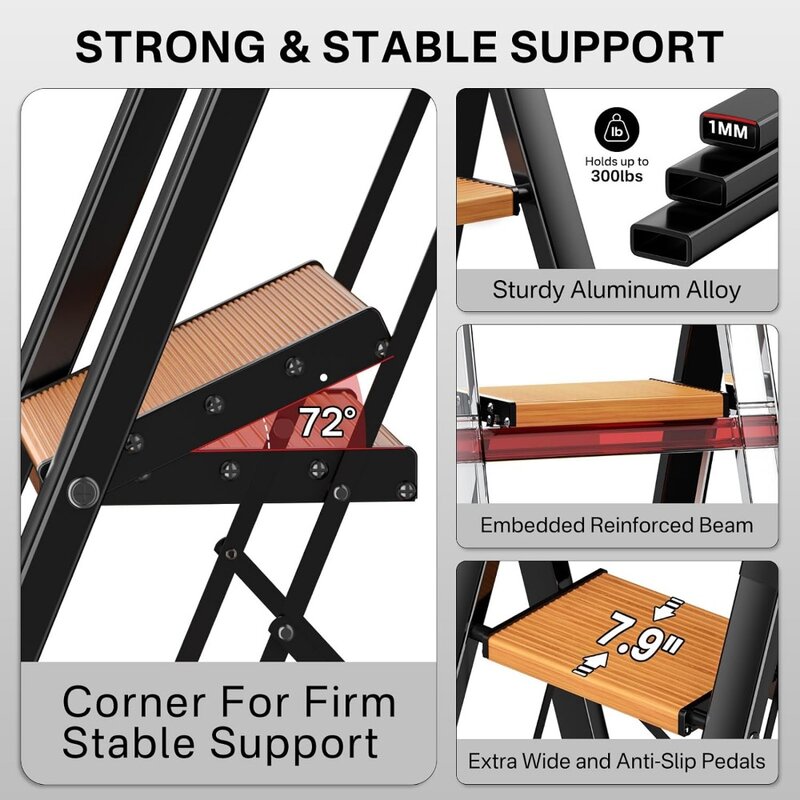 6 Step Ladder, Folding Step Stool with Convenient Handgrip for Home,Office,Kitchen, Black Frame Wood Grain Lightweight Aluminum