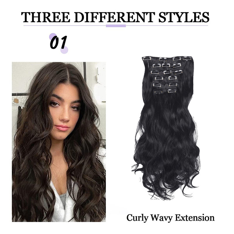 Extensiones de cabello ondulado con Clip para mujer y niña, pelo sintético multicolor de 45,72 cm, 6 piezas, doble trama, resistente al calor
